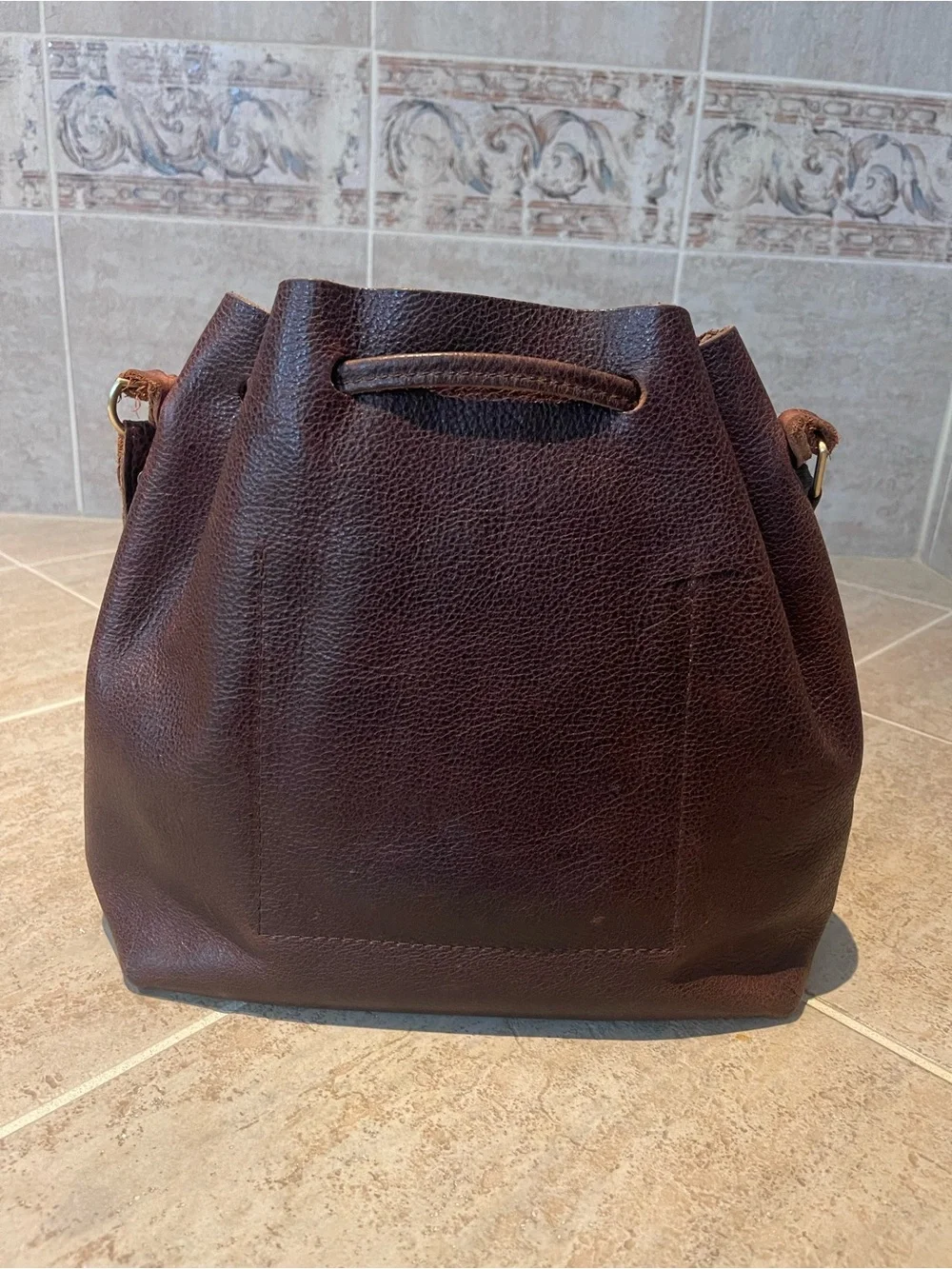 Women’s Brown Leather Bucket Bag with Drawstring closure - large